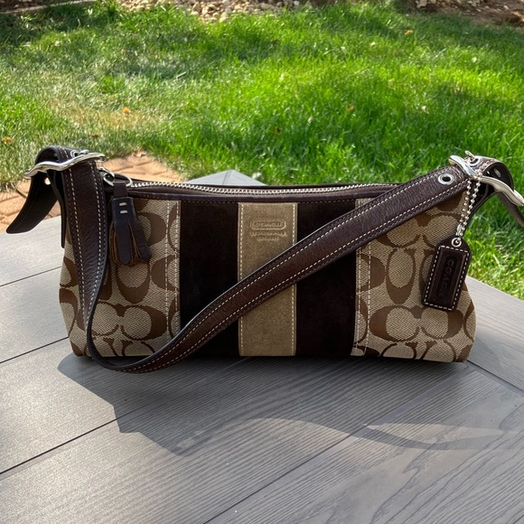 Coach Handbags - COPY - Coach small signature striped Demi in canvas and suede